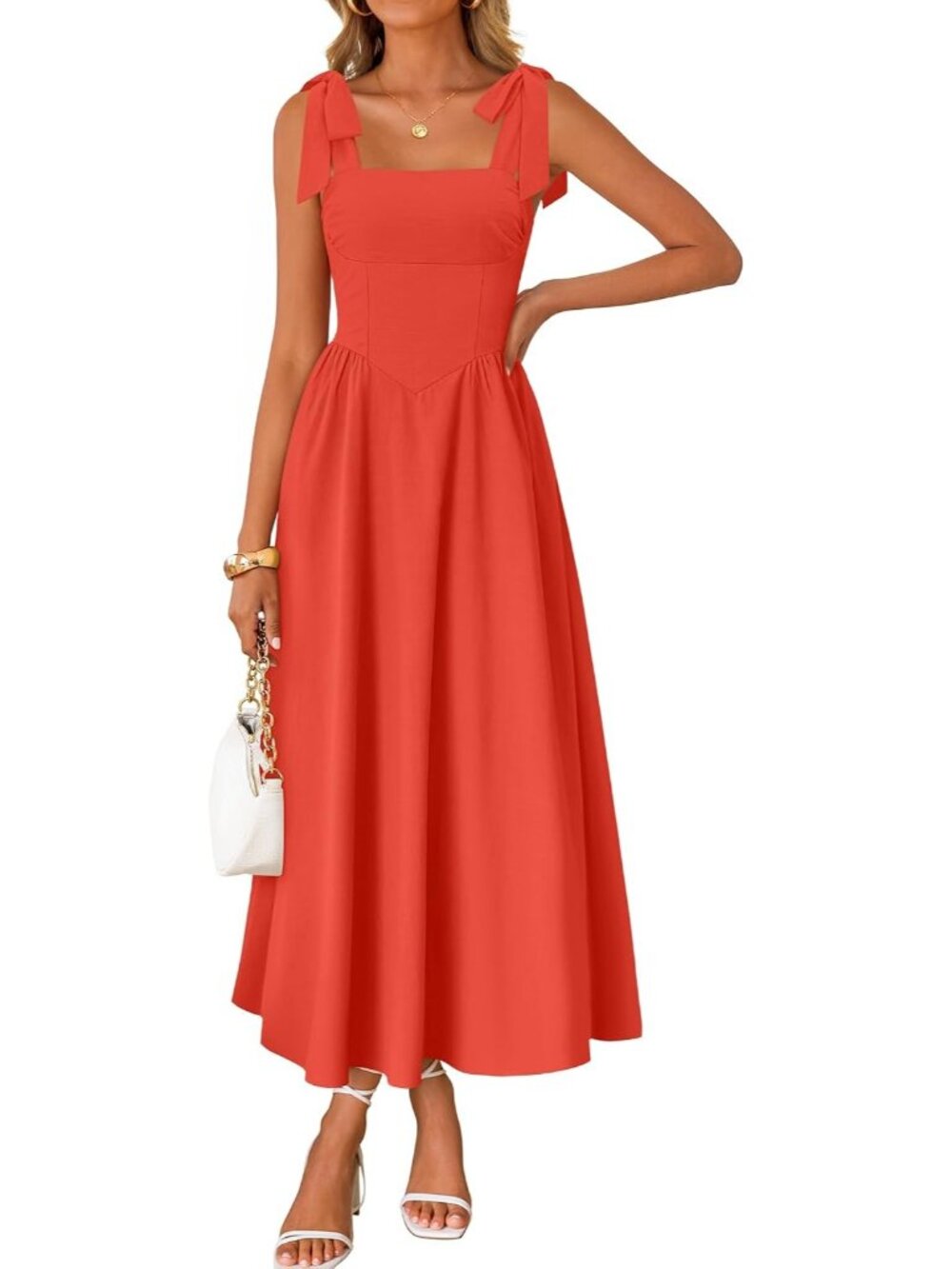 Women's Watermelon Summer Tie Shoulder Spaghetti Strap Wedding Guest Maxi Dress